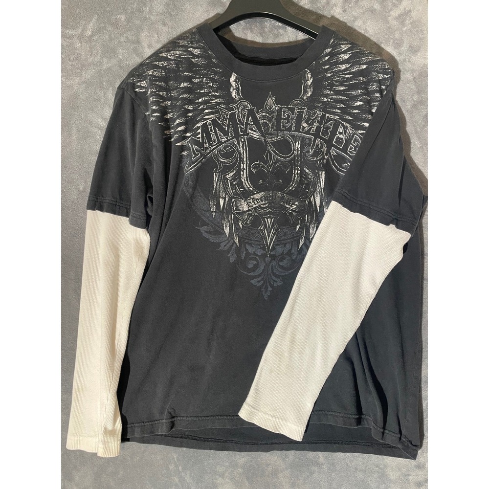 MMA Elite Mens 2XL Graphic Long Sleeve Shirt Black White Layered Thermal Y2K
